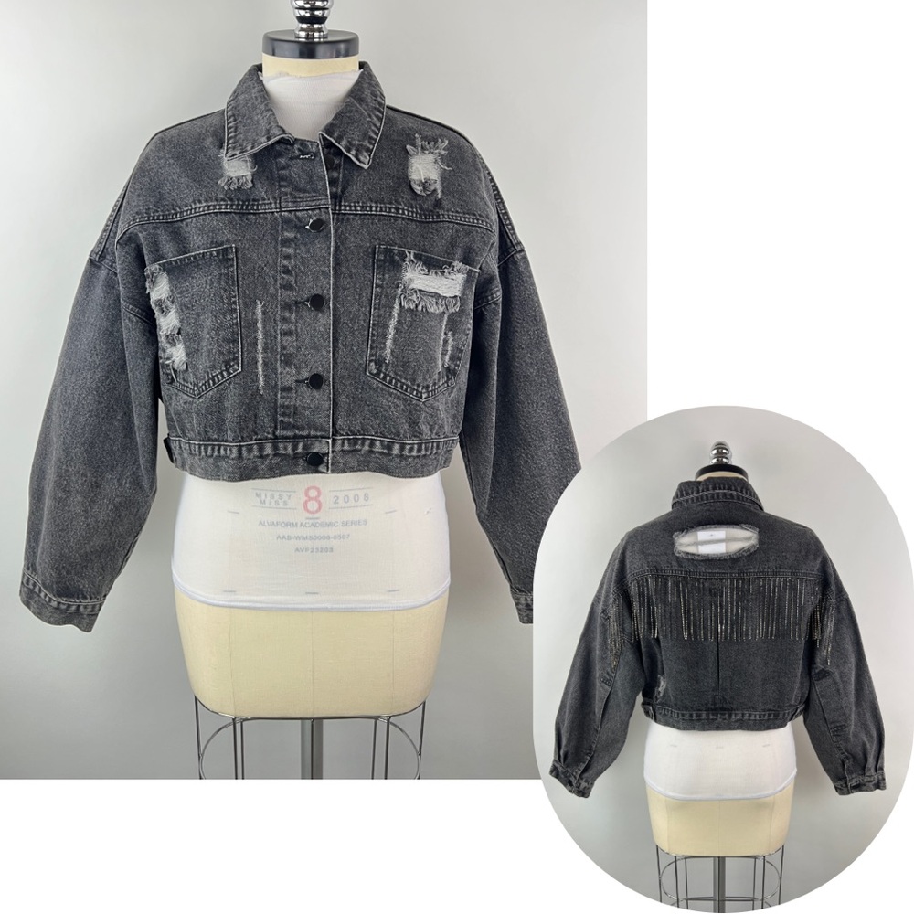 💚 3449. Fringe Black Denim Jacket